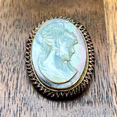Vintage Mother Of Pearl Cameo 800 Silver Brooch Pendant Abalone Retro Jewelry 1940s 