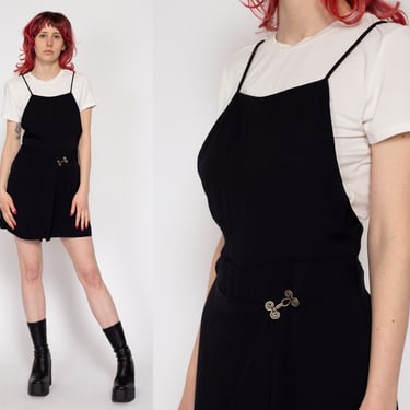 XS 90s Black Cross Back Pinafore Skort Romper | Vintage Strappy Wrap Front Sleeveless Dress Playsuit 