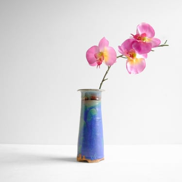 Vintage Blue Pottery Vase, Handmade Flower Vase 