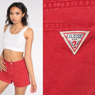 Red Guess Shorts 90s Denim High Waisted Shorts Retro Jean Shorts High Waist Summer Shorts Normcore Streetwear Vintage 1990s Small S 28 