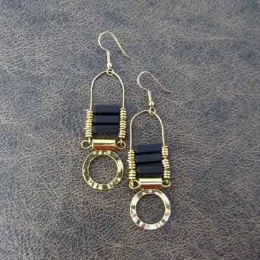 Chandelier earrings Afrocentric black stone and gold, ethnic statement earrings, chunky bold earrings, modern African earrings 2 