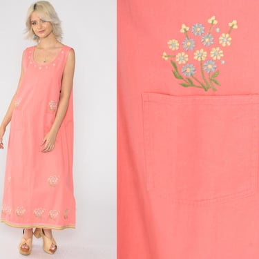 Pink Floral Dress Embroidered Jumper Dress 90s Maxi Boho Sundress Shift Button Side Cotton Sun Vintage Sleeveless Retro Large L 