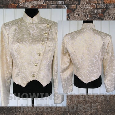 Hobby Horse Vintage Retro Western Women's Cowgirl Jacket, Ivory with Metallic Gold Brocade, Tag Size Large (see meas. photo) 