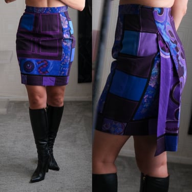 Vintage 80s GIANNI VERSACE Vibrant Purple Floral & Text Print Wool Gabardine Faux Wrap Skirt | Made in Italy | 1980s VERSACE Designer Skirt 
