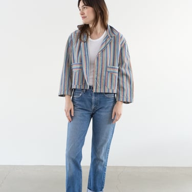 Vintage Green Blue Red Flannel Striped Crop Shirt Jacket | Unisex Stripe Cotton Pajama Chore | L | SCJ016 