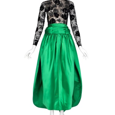 Givenchy Haute Couture Vintage AW 1978 Documented Black Lace and Green Duchess Satin Gown