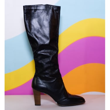 Vintage 1970s Tall Black Wood Heel Boots | Size 8 