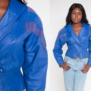 Blue Leather Jacket 90s Cropped Leather Jacket Purple Snakeskin Striped Biker Coat Double Breasted Snap Boho Glam Vintage 1990s Chia Small S 
