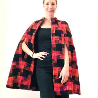 70s Vintage Pink Black Plaid Wool Cape Poncho // 70s Vintage Pink Orange Black Cape Wool Jacket Coat Penny Lane 70s Jacket 