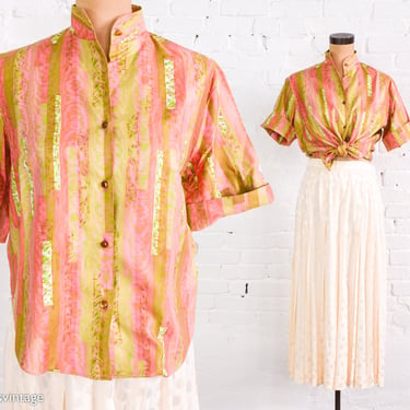 1950s Pink Tiki Print Blouse | 50s Pink Stripe Hawaiian Shirt | Mister Marty | Large 