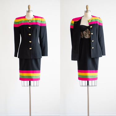 black wool suit 80s vintage hot pink lime green yellow striped skirt suit 