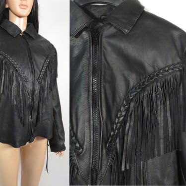 Vintage Leather Fringe Zip Up Jacket With Lace Up Sides Size L/XL 