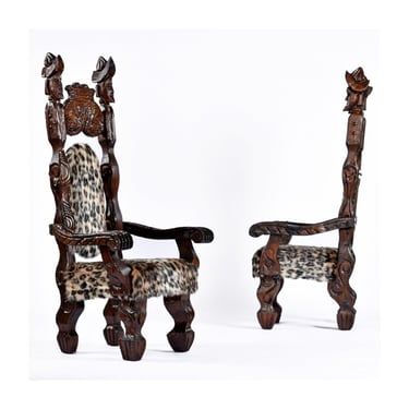 Pair of Restored Witco Conquistador Vintage Tiki Throne Chairs in New Faux Leopard Fur 