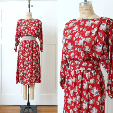 vintage 1990s floral rayon dress • dolman sleeve belted red dress with shirred padded shoulders 