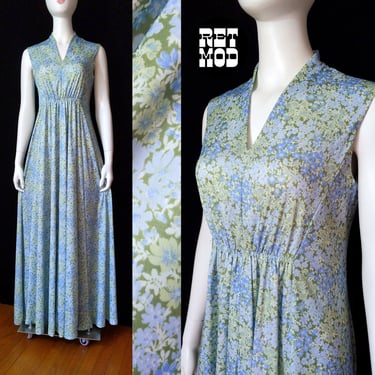 Lovely Vintage 60s 70s Pastel Blue & Green Ditsy Floral Sleeveless Maxi Dress 