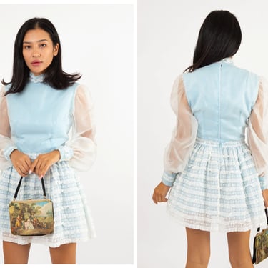 Vintage 1960s 60s Powder Blue Mini Dress w/ Ruffle Lace Skirt, High Neckline, Sheer Balloon Sleeves 