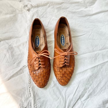 brown woven leather loafers 80s 90s vintage dark | Poppycock