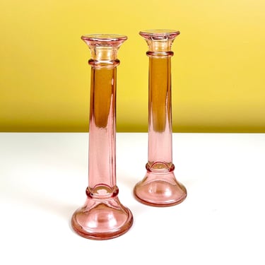 Pair of Pink Glass Candle Holders 