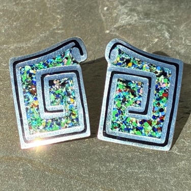 Margot De Taxco ~ Vintage Sterling Silver and Colorful Confetti Enamel Screw Back Earrings 