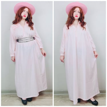 1970s Vintage Pastel Pink Character Maxi Nightgown / 70s / Seventies Smocked Embroidered Neck Prairie Style Gown / Dress / Size Medium/Large 