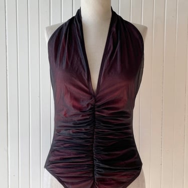 Vintage Anne Klein Ruched Pink Black Sheer Halter Swimsuit