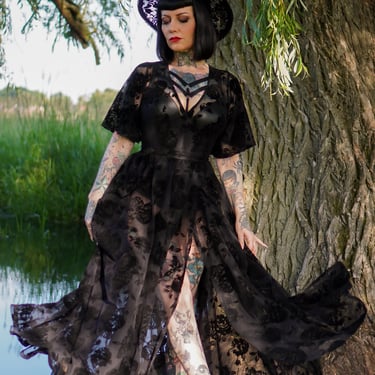 Lydia Wrap Dress in Flocked Rose Black Mesh