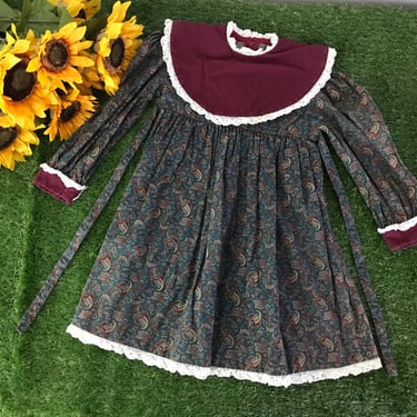 SIZE 3-4T 70s Paisley Prairie Girls Dress / Vintage Printed Green Dress with Round Collar / Toddler Dress 2T-4T 