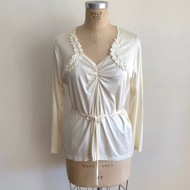 Cream-Colored Blouse with Floral Appliques and Waist-Tie - 1970s 