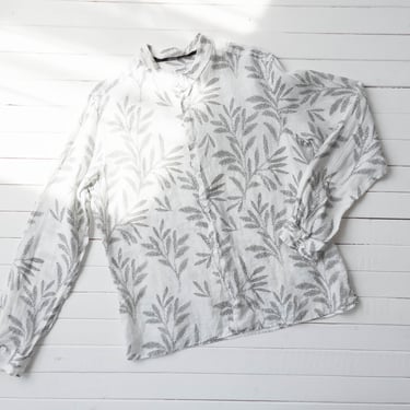 Armani linen shirt | 90s y2k designer vintage white brown leaf pattern button down blouse 