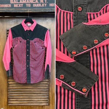Vintage 1960’s Pink x Black Western Cowboy Cotton Rockabilly Shirt, Original, 60’s Vintage Clothing 