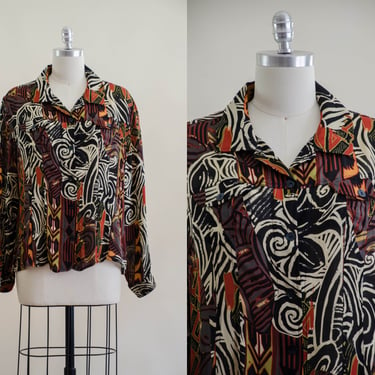 abstract silk blouse | 90s plus size vintage black orange abstract modern zebra stripe long sleeve chiffon shirt 