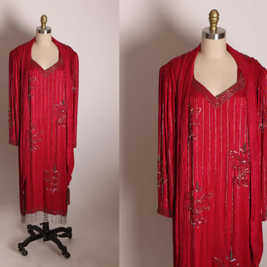 1980s Red Burgundy Beaded Floral Striped Long Sleeve Formal Sheath Silk Dress with Matching Scarf by Francesca of Damon for Starington -XL 