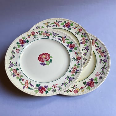 3 Vintage Wedgwood Colonial, Harlech pattern, Dinner Plates - Floral Rim and Center, Green Purple Pink Yellow, English England, Gallery Wall 