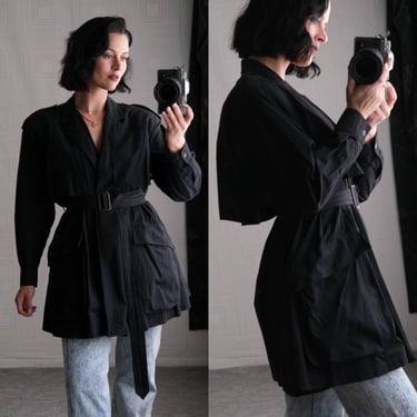 Vintage DONNA KARAN Deep Black Double Breasted Belted Cotton Trench | Leather Belt | 1990s DK Designer Cotton Short Mini Trench Coat Jacket 