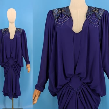 Vintage 80s Neiman-Marcus Purple Draped Formal Dress with Shoulder Pads - Eighties 8 Medium Purple 80s does 20s Dress 