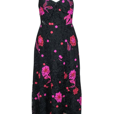 Monique Lhuillier - Black w/ Pink &amp; Red Floral Lace High-Low Dress Sz 8