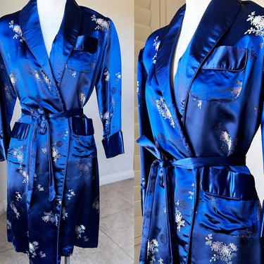 Art Deco 1930s Royal Blue Silk Robe Dressing Gown Japanese Asian, Womens, Smoking Jacket, 36, Vintage, 1940's 