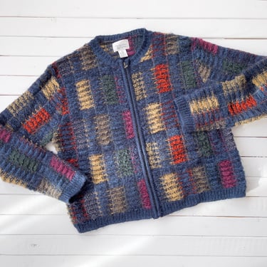 plaid mohair sweater | 80s 90s vintage blue colorblock dark academia cottagecore grandpa fuzzy cardigan 