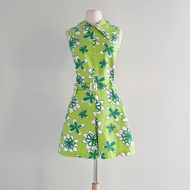 Coolest 1960's Mod Green Floral Print Romper / Sz M