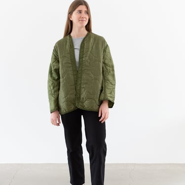 Vintage Green Liner Jacket | Unisex Wavy Quilted Nylon Coat | M | LI179 