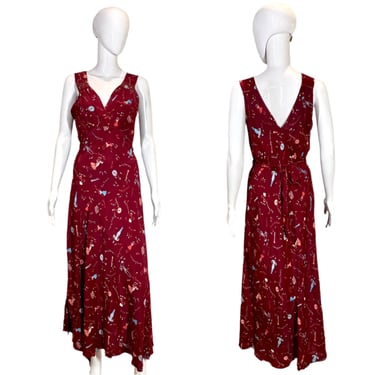 1930's Maroon Novelty Print Bias Cut Gown Size M