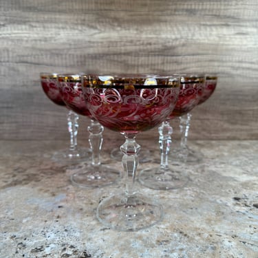 Set of 6 Gold Rimmed Cranberry Glass Cordial Wine/Champagne Glasses with Etched Design 