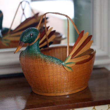 Vintage Chinese Zhejiang Woven Handicraft Wicker & Bamboo Swan Basket | Boho Decor 