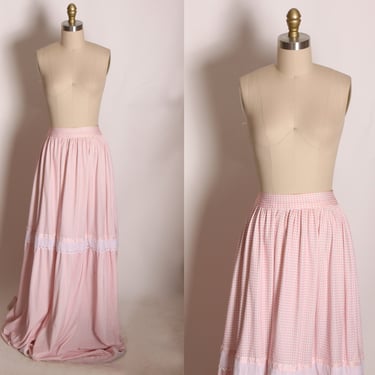 1970s Pink and White Gingham Polyester Floor Length Lace Trim Prairie Cottagecore Skirt 