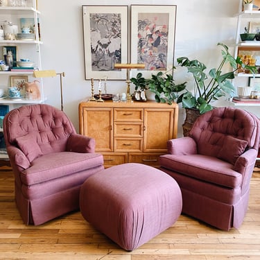 Mauve Swivel Chairs + Souffle Ottoman