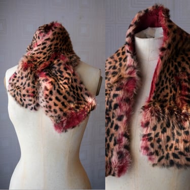 Vintage 90s Leopard & Fuchsia Dyed Rabbit Fur Key Hole Neck Wrap Scarf w/ Satin Lining | 100% Genuine Fur |  1990s Leopard Unisex Fur Scarf 