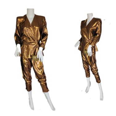 1980's Metallic Copper Lame 2 Pc Pantsuit Jumpsuit I Blouse I Pants I Sz Med I Helene' St Marie 