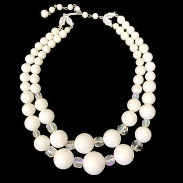 VINTAGE 50s Two Strand Graduated Big Bead Necklace White and Clear JAPAN Choker | 1950s Mid Century Costume Jewelry Necklace | VFG 
