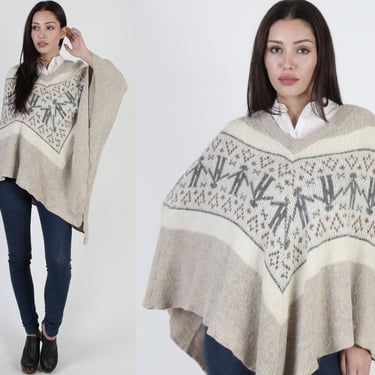 70s Ethnic Villager Print Fuzy Cape, Vintage 1970's Lama Knits Fuzzy Poncho, Womens Canadian Draped Blanket Sweater 