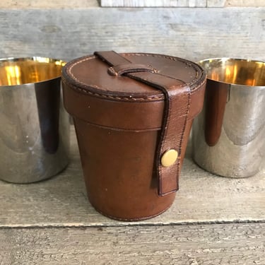 Edwardian Travel Cups, Leather Case, Stirrup Cup Set, Gold Wash, Made in England 
